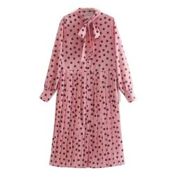 Robe Longue A Pois Chemise Satin Femme Manches