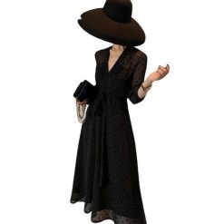 Robe Manche Longue A Pois Mode Vintage Femme