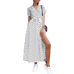 robe longue fendue blanche a pois