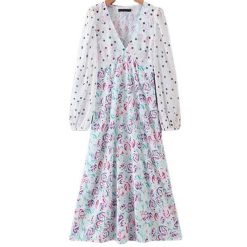 Robe Longue A Pois Imprime Fleuri
