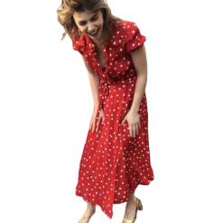 Robe Rouge Col En V Longue À Pois