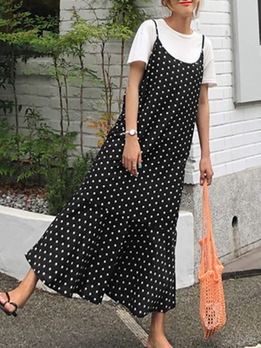 ZANZEA-Robe d'été à bretelles à volants pour femmes, robe d'été à bretelles baggy, robe décontractée, imprimé à pois, robe de vacances éducative, robe trapèze pour femme 1