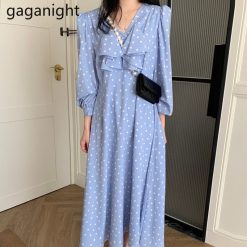 Atus anight-Robe à volants irréguliers à pois bleus pour femmes, col en V, robe à manches bouffantes, chic, doux, doux, documents d'abonnés, coréen, nouveau, 2022 1