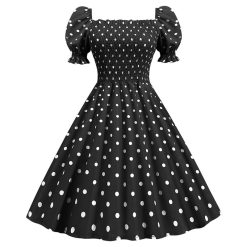 Robe de soirée à pois pour femme, manches courtes bouffantes, col carré, taille élastique, robe vintage, robe midi, robe d'été décontractée, robe éducative, été, 2023 1