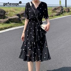 Robe Midi à pois pour femmes, élégante et à la mode, imprimée, manches courtes évasées, col en v, tunique ample, vêtements d'été, 2022 1