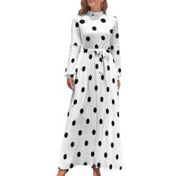 Robe longue classique à pois, taille haute, blanc, noir, motif rétro, style Boho, robes de plage, manches longues, Streetwear 1