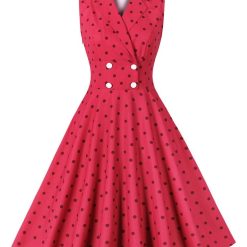 Tonval-Robe mi-longue vintage à col cranté pour femme, robe de bureau élégante, imprimé à pois, double boutonnage en fibre, été, 2023 1