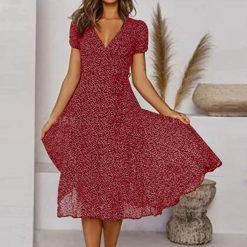 Robe trapèze à pois pour femme, manches courtes, col en V, bandage Boho, vacances, robe de plage, robe d'été mi-longue chic 1