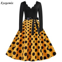 Robe de Noël vintage à manches longues pour femmes, imprimé à pois, décontracté, robe de soirée élégante, automne, hiver, S ~ 3XL 1