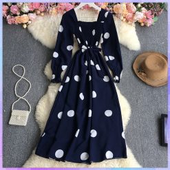 Robe mi-longue à pois pour femme, col carré, manches longues lanterne, taille haute, vacances éducatives, robe de soirée, printemps, automne 1