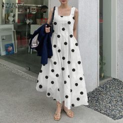 ZANZEA – robe d'été Vintage plissée sans manches pour femmes, tenue de soirée élégante, mi-mollet, décontractée, imprimée à pois, vacances 1