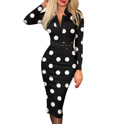 Robe mi-longue à manches longues pour femmes, Vintage, imprimé à pois, élégante, Patchwork, crayon, moulante, printemps, bureau, soirée 1