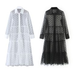 Robe longue en maille transparente à pois pour femmes, col à revers, boutons, Cover up 1