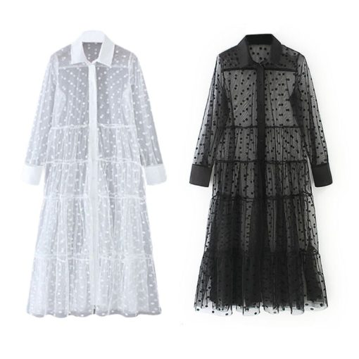 Robe longue en maille transparente à pois pour femmes, col à revers, boutons, Cover up 1
