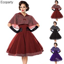 Robe Hepburn vintage pour femme, robe trapèze en fibre, châle, rétro, années 50, à pois, noir, rouge, femme, élégante, rockabilly 1