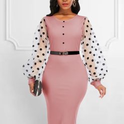 Robe en maille transparente pour femmes, col rond, Patchwork, manches longues, à pois, classe, élastique, élégante, bureau, modeste, femme africaine 1