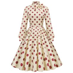 Robe à manches bouffantes à pois vintage de haute présidence avec grand ourlet, robe mi-longue 1