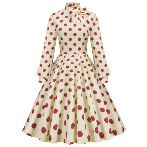 Robe à manches bouffantes à pois vintage de haute présidence avec grand ourlet, robe mi-longue 1