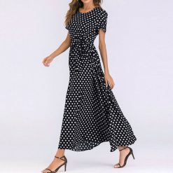 Robe longue à manches courtes pour femmes, robe à pois, imprimé bandage, robe de plage, robe de soirée trapèze, robe maxi, robe éducative, mode estivale 1