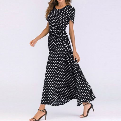Robe longue à manches courtes pour femmes, robe à pois, imprimé bandage, robe de plage, robe de soirée trapèze, robe maxi, robe éducative, mode estivale 1