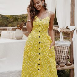 Deenor – robe longue d'été Sexy, sans manches, bretelles, boutons, poches, pois, soirée, style Boho 1