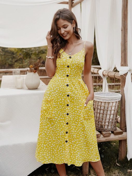 Deenor – robe longue d'été Sexy, sans manches, bretelles, boutons, poches, pois, soirée, style Boho 1
