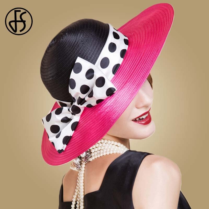 Chapeau de plage élastique à large bord pour femme, rose, noir, patchwork, pois, tri, fête de mariage, grand nœud papillon, Fedora 2