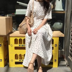 Robe longue à pois pour femme, taille fine, bandage, vintage, éducatif avec ceinture, été 1