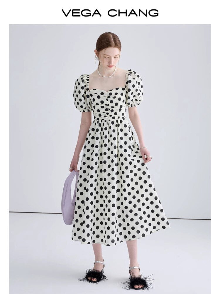 Robe blanche vintage à pois pour femme, longue, décontractée, élégante, manches bouffantes, adt, col carré, grand ourlet, été, streetwear 2