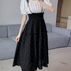 Robe mi-longue en patchwork à pois noirs pour femmes, robe de maison décontractée élégante, mode coréenne, batterie avec batterie, robe éducative, faux deux pièces, été 2023 1