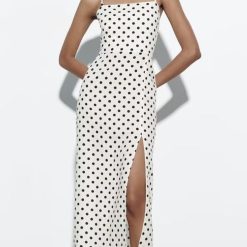 TRAF-Robe fendue à bretelles en fibre pour femme, robe mi-longue, pull à fermeture éclair, imprimé à pois noirs, mode d'été sexy, nouveau 1