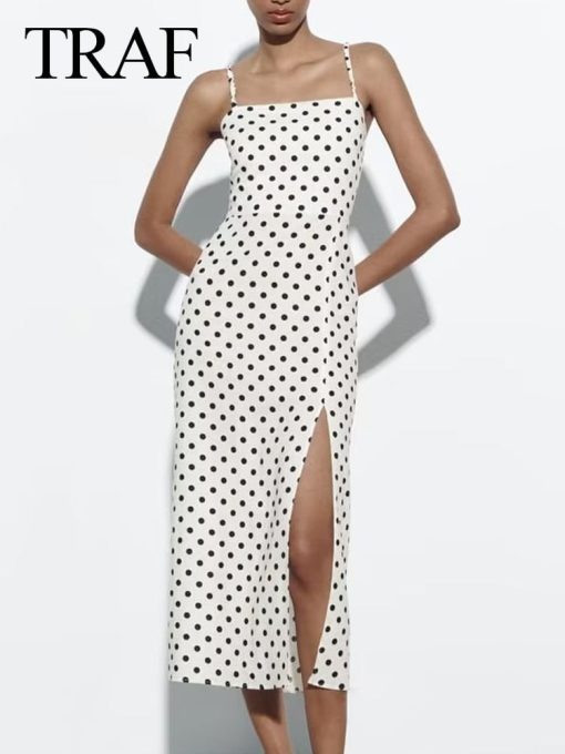 TRAF-Robe fendue à bretelles en fibre pour femme, robe mi-longue, pull à fermeture éclair, imprimé à pois noirs, mode d'été sexy, nouveau 1