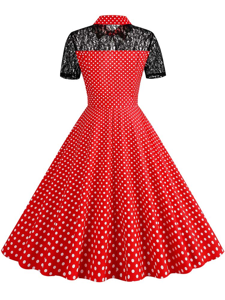 SISHION-Robe de soirée vintage en dentelle à pois pour femmes, col rabattu, manches courtes, robe rockabilly élégante, été 2