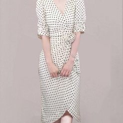 Robe de soirée élégante pour femme, col en V, manches mi-bouffantes, taille haute, ligne, nœud décoratif, pois, tempérament, été, 2022 1