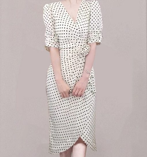 Robe de soirée élégante pour femme, col en V, manches mi-bouffantes, taille haute, ligne, nœud décoratif, pois, tempérament, été, 2022 1