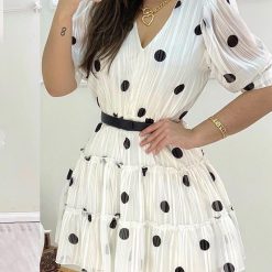 Robe trapèze à manches bouffantes en maille à pois pour femmes, volants doux, col en V, mini robe décontractée, sans ceinture 1