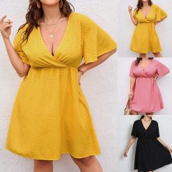 Mini robe en mousseline de soie à pois pour femmes, grande taille, col en V profond, manches courtes, décontracté, été, robe d'été élégante, robe de plage 1