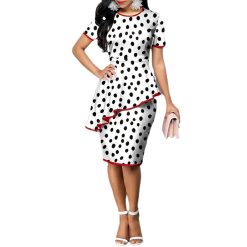 Robe mi-longue à pois pour femmes, patchwork irrégulier, volants, mince, taille haute, batterie con, robes crayon de soirée 1