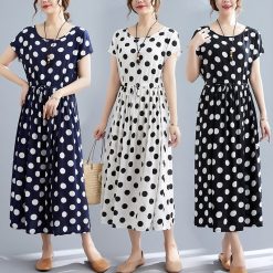 Robe mi-longue en coton à pois pour femmes, tenue d'été élégante, ample et décontractée, col rond, nouvelle collection 2023 1