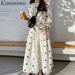 Kimutomo-Robe élégante et douce pour femme, col rond, motif à pois, manches bouffantes, style coréen, nouvelle collection printemps 2022 1
