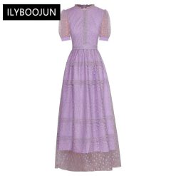 Robe brodée à pois pour femmes, manches lanterne, robe de piste élégante, marque de luxe, haute qualité, été, 2023 1