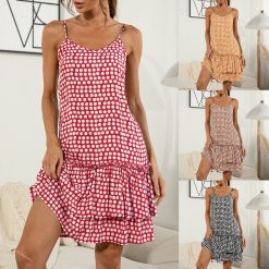 Robe à bretelles en fibre pour femme, imprimé à pois, à volants, mini robe d'été, tenue de plage décontractée, robe courte de soirée, été, 2023 1
