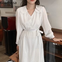 Koamissa – robe mi-longue en mousseline de soie, manches longues, à pois, Vintage, col Peter pan, à lacets, printemps automne, 2022 1