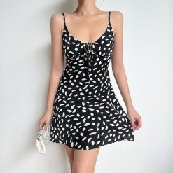 STSVZORR-Robe en mousseline de soie pour femme, col en V, imprimé à pois, bretelles, dos nu, floral, coupe couvertes, jupe trapèze, été 1