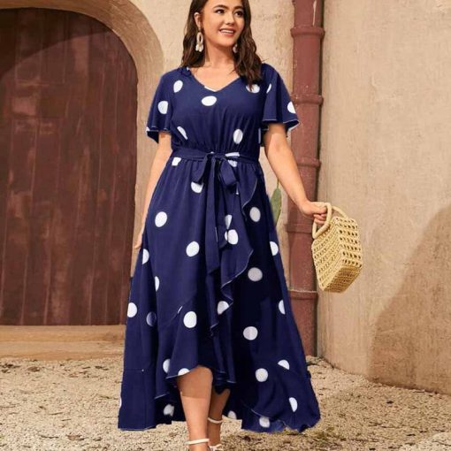 Robe simple à pois pour femme, taille élastique, jupe imprimée tempérament, col en V, taille haute, longueur au sol, mode, 4XL 1