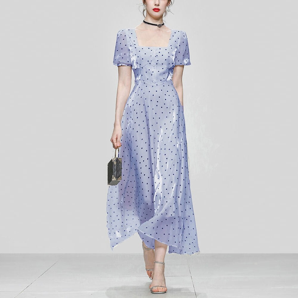 Robe longue à pois pour femmes, jupe à la taille, manches courtes, slim, vintage, nouvelle collection été 2021 2