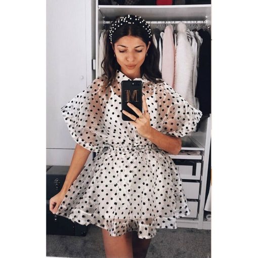 Mini robe en maille à pois pour femmes, chemise à col rabattu, robe de soirée sexy, robes à manches courtes, dames élégantes, été 2020 1