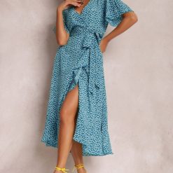 Robe taille haute à lacets pour femmes, imprimé à pois, manches courtes, haut long, vêtements pour femmes, printemps, été, 2023 1