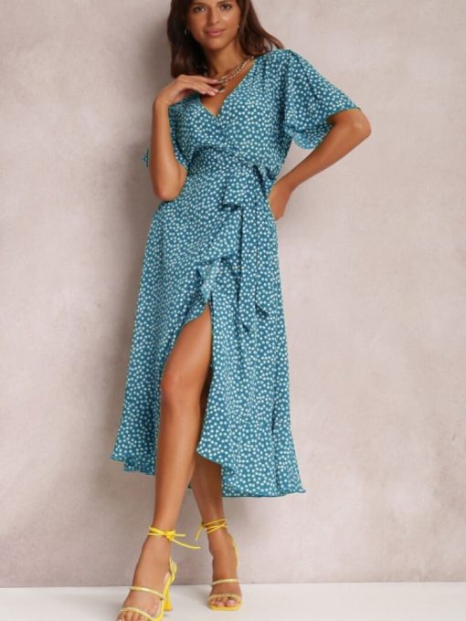 Robe taille haute à lacets pour femmes, imprimé à pois, manches courtes, haut long, vêtements pour femmes, printemps, été, 2023 1