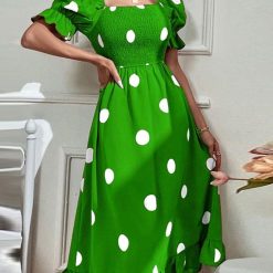 Robe longue imprimée à pois pour femmes, col carré, bord à volants, manches princesse, décontracté, vacances, doux, été, 2023 1